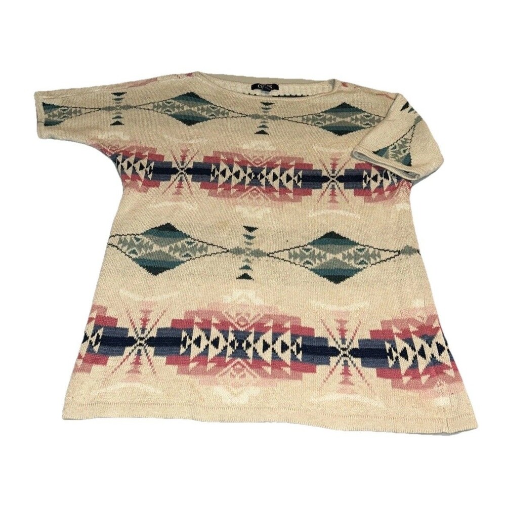 Chaps Boat Neck Tribal Short Sleeve Medium Sweater Shirt